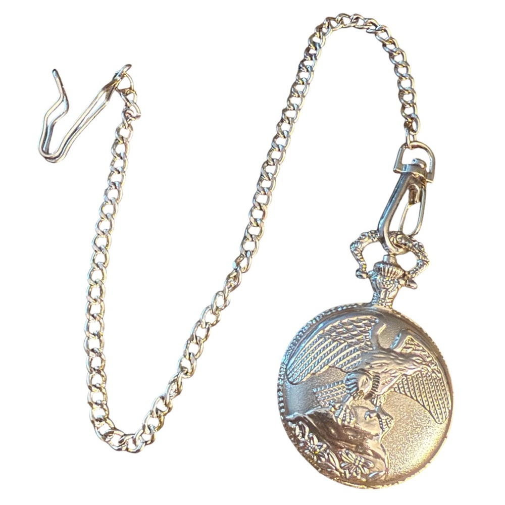 Antique Look Vintage Rousseau Large Silver Eagle Engraved Pocket Watch